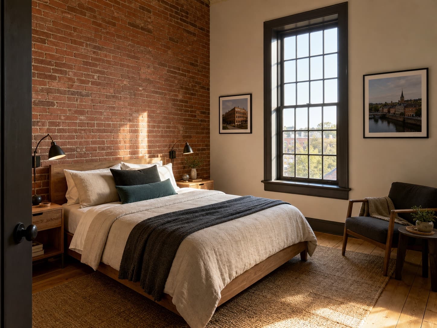 Conceptual one-bedroom loft with exposed brick and a tall schoolhouse window