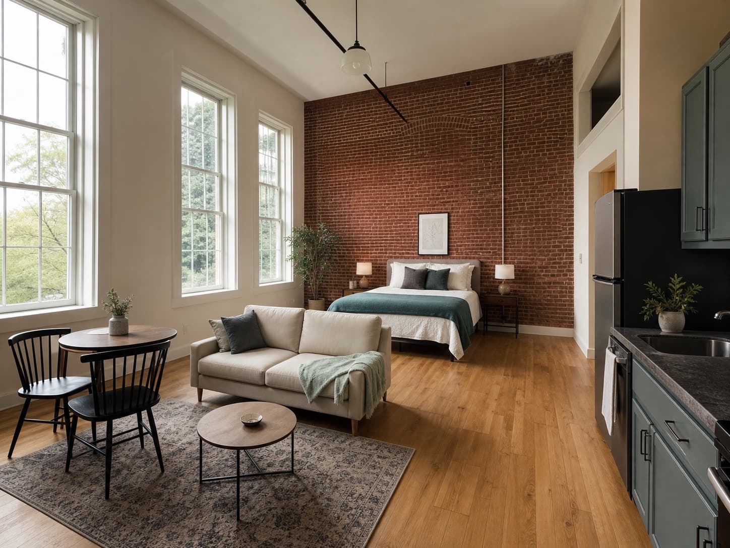 Conceptual studio apartment with distinct living and sleeping areas